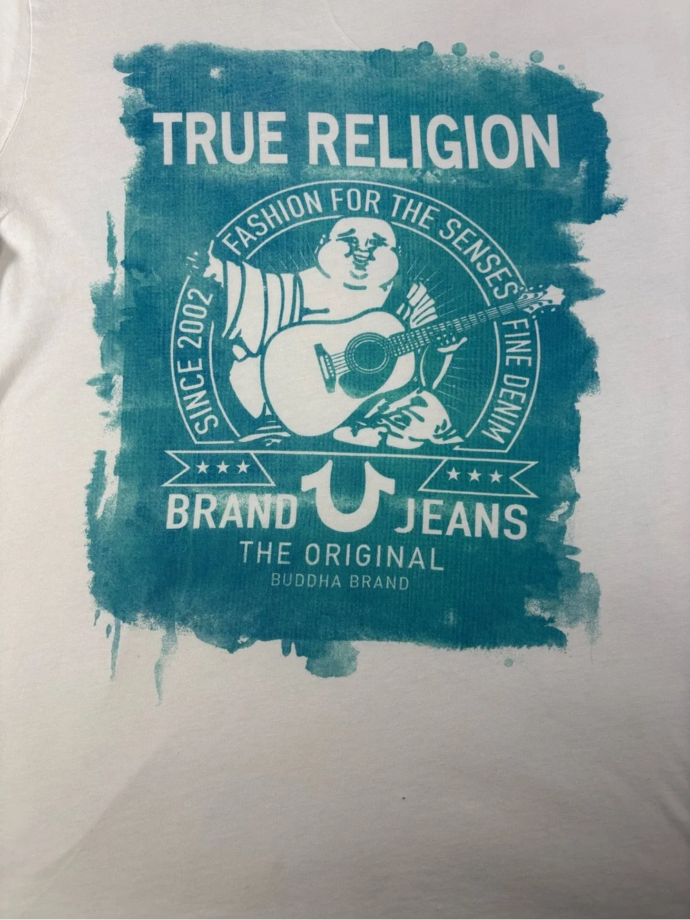 Vintage True Religion Men’s White Tee with Teal Graphic Logo